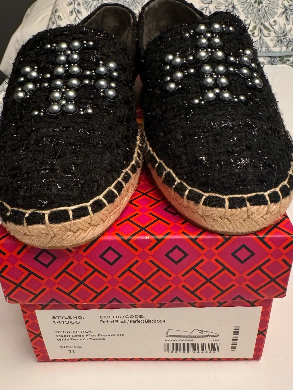 Tory Burch Pearl Logo Flat Willa Tweed Espadrilles